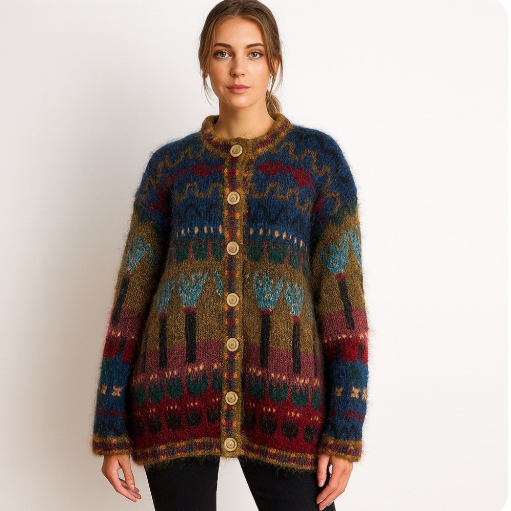 Vintage Kilkenny Ireland Mohair Wool Lined Cardigan sz L Fair Isle Cottagecore